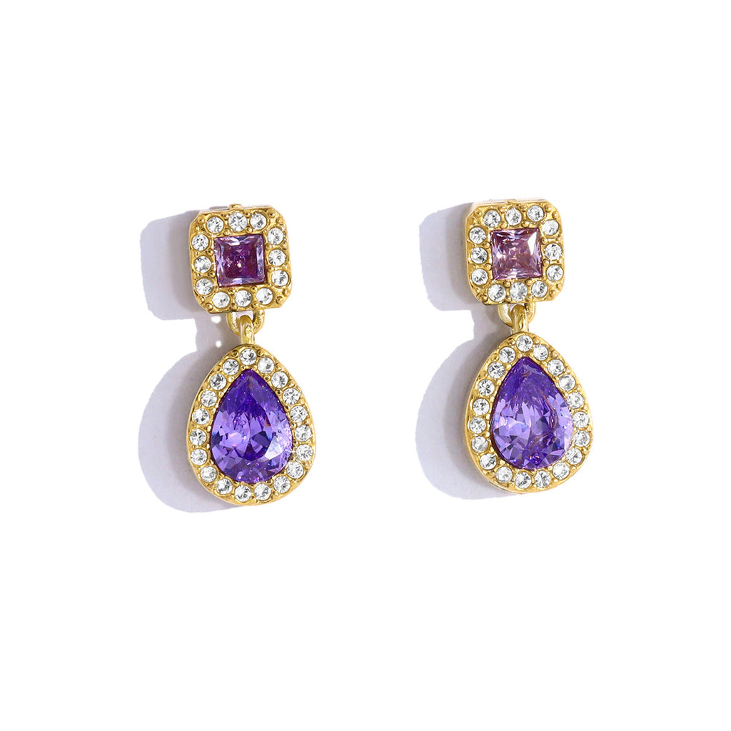 Purple Sparkle Teardrop Stud Earrings – 18K Gold Plated