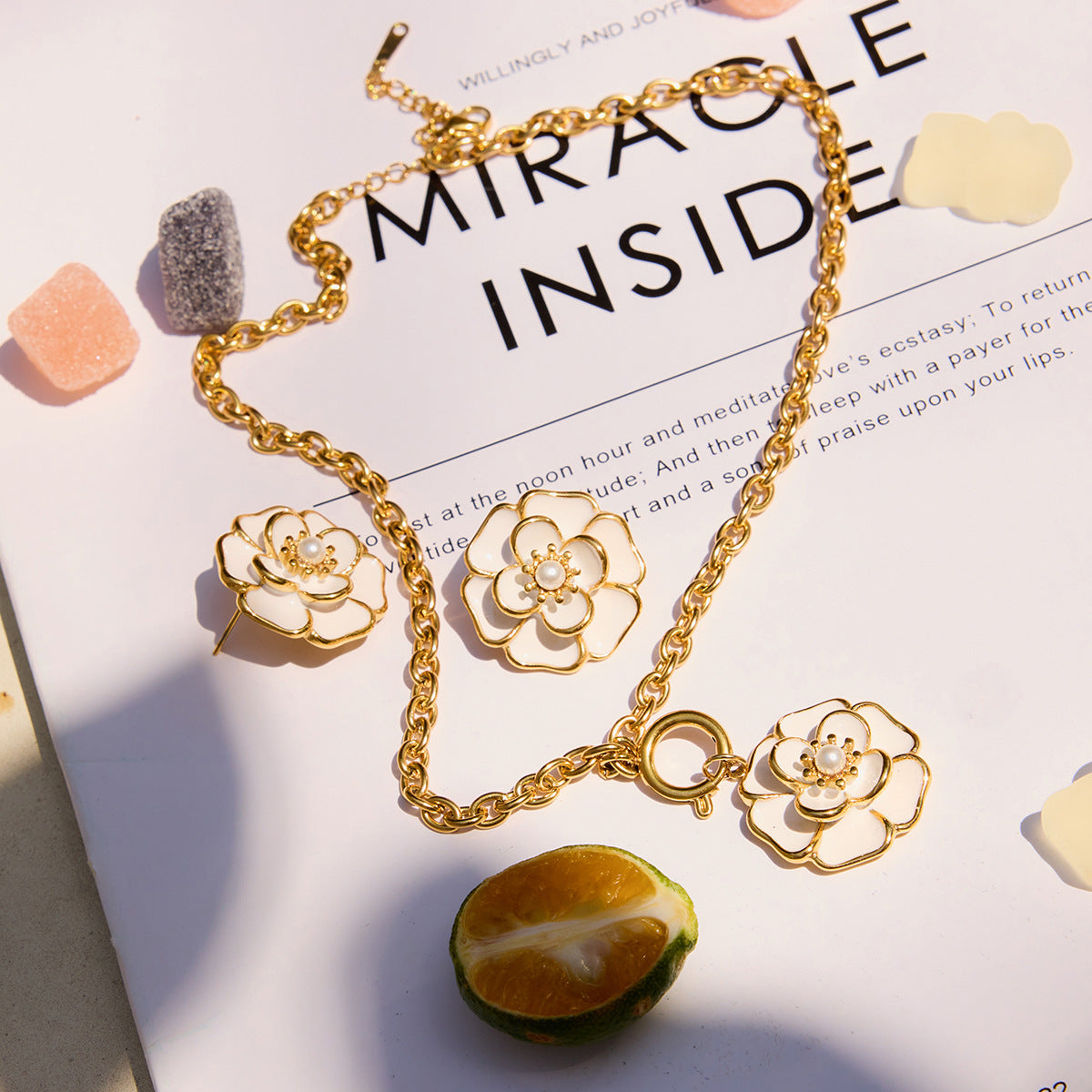 Stainless steel 18k gold-plated flower jewellery set