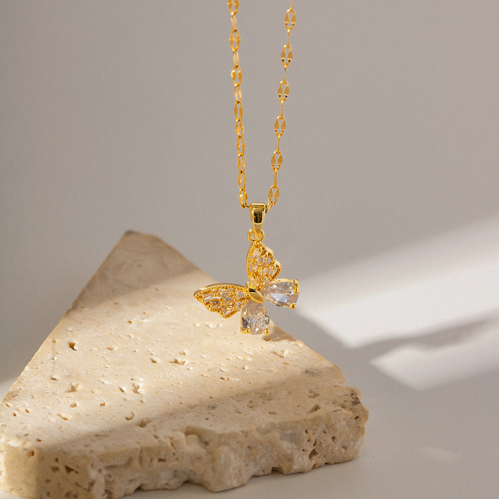 White Sparkle Butterfly Pendant Necklace – 18K Gold Plated