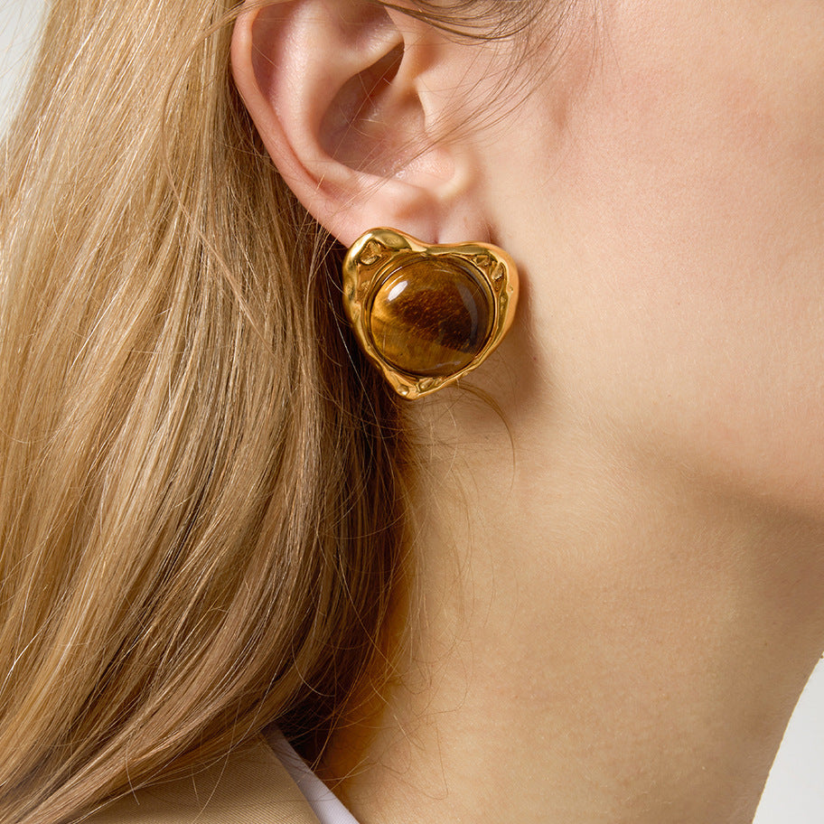 Tiger Eye Heart Stud Earrings