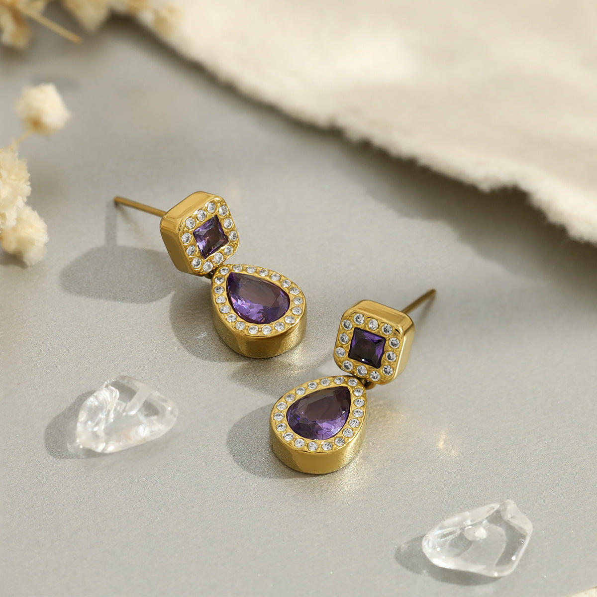 Purple Sparkle Teardrop Stud Earrings – 18K Gold Plated