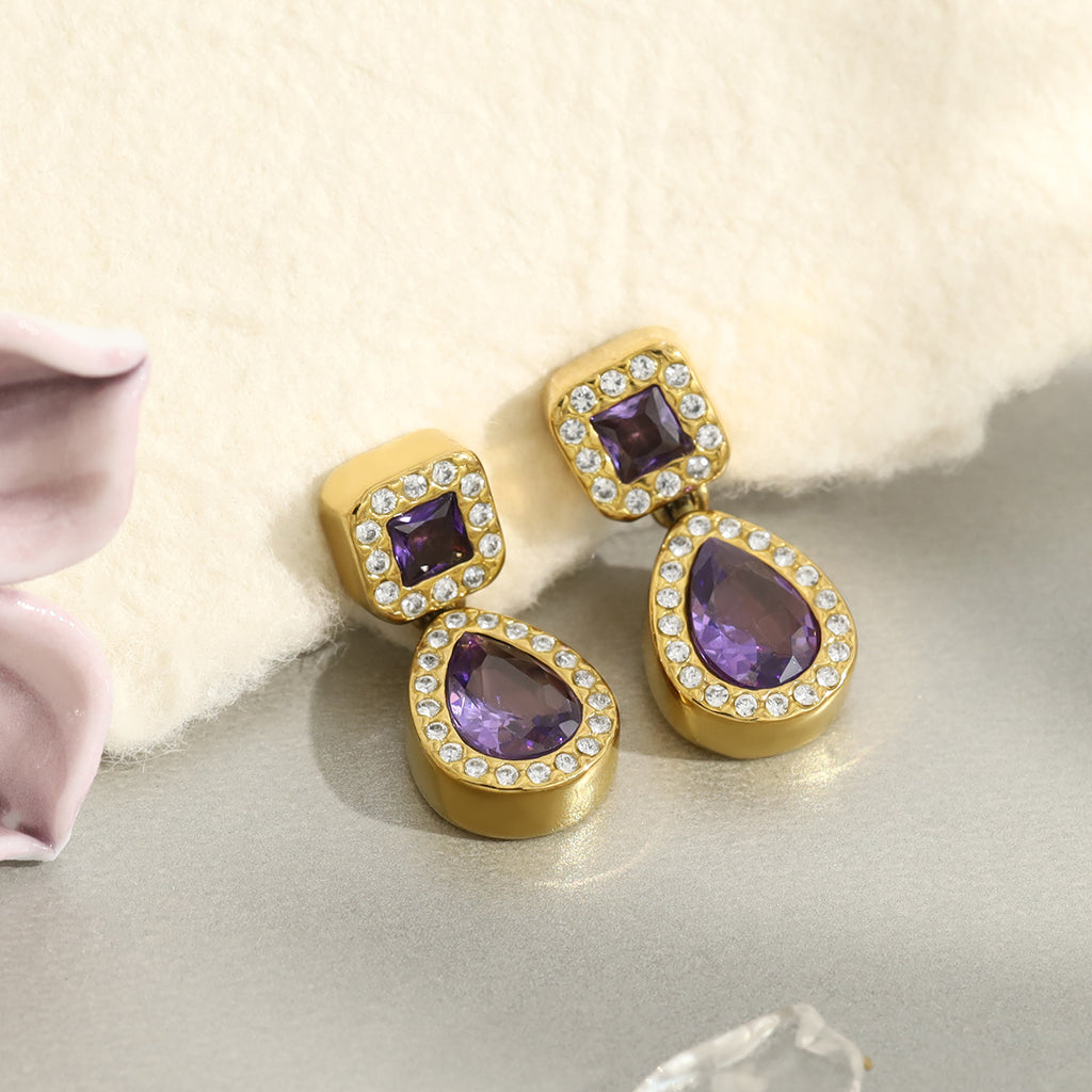 Purple Sparkle Teardrop Stud Earrings – 18K Gold Plated