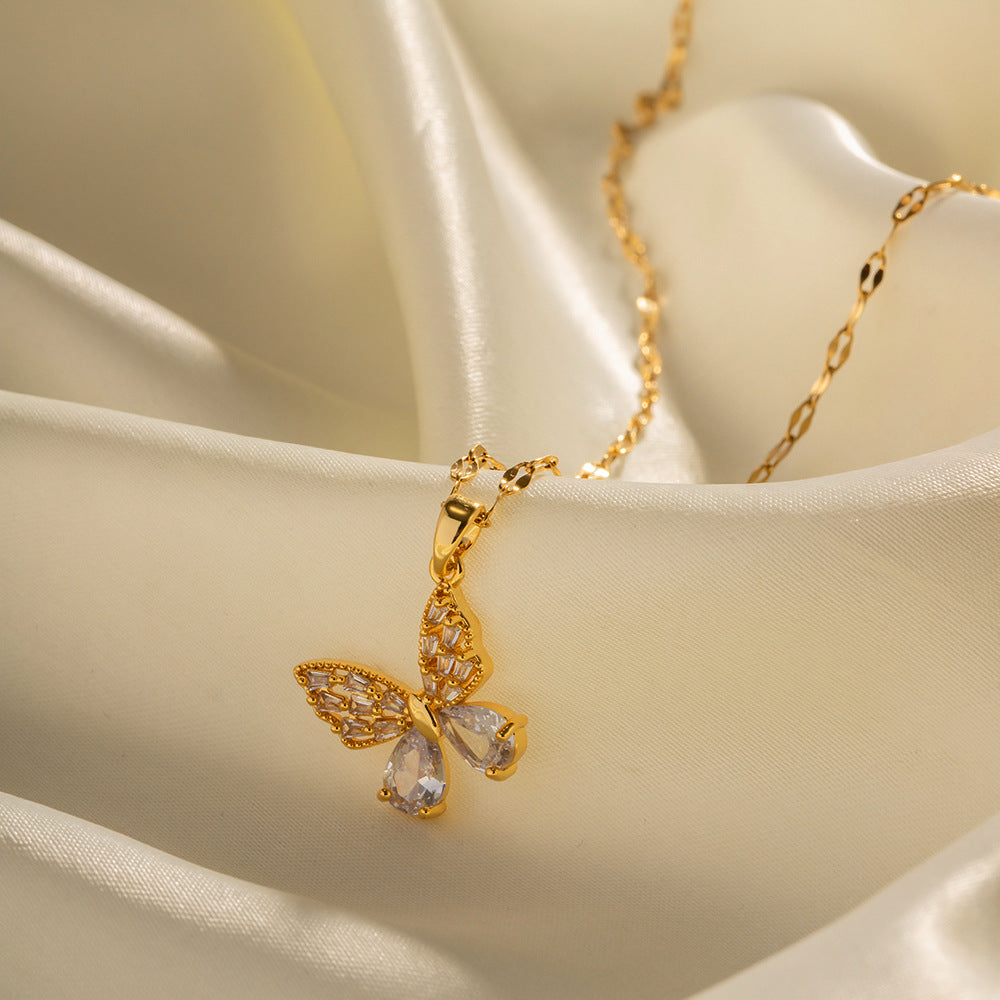 White Sparkle Butterfly Pendant Necklace – 18K Gold Plated