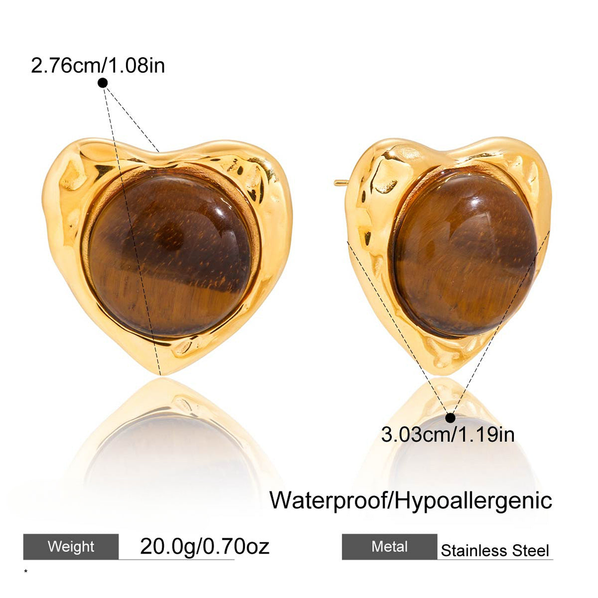 Tiger Eye Heart Stud Earrings