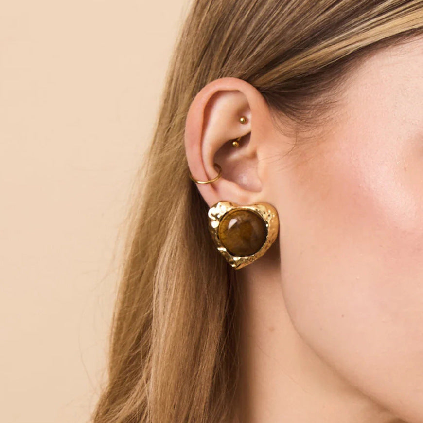 Tiger Eye Heart Stud Earrings