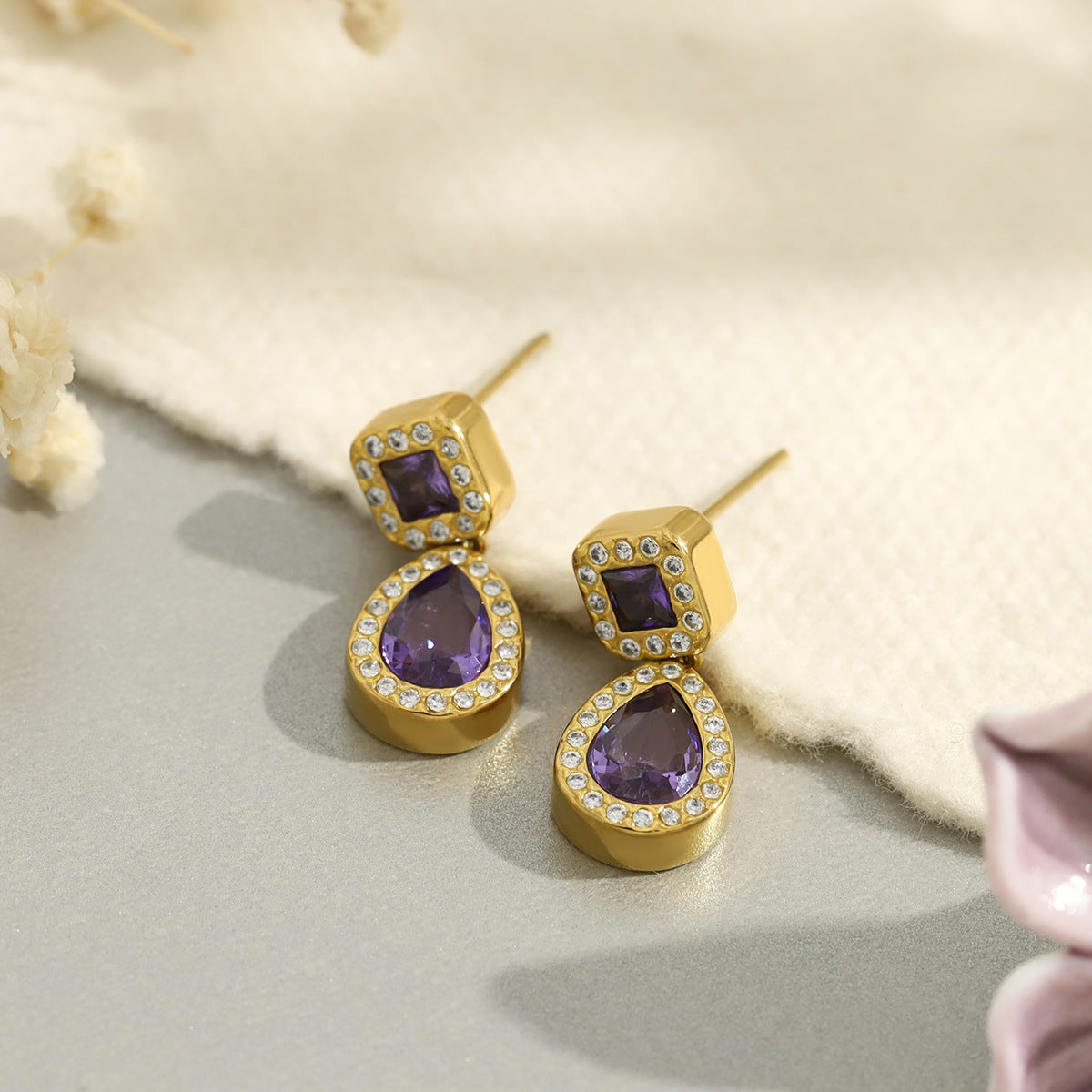 Purple Sparkle Teardrop Stud Earrings – 18K Gold Plated